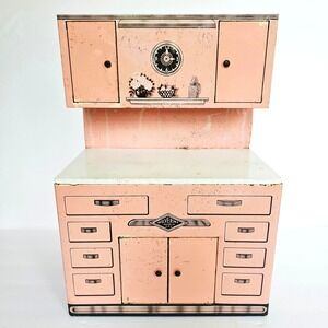 Vtg MCM 1950s Wolverine Tin Litho Toy Kitchen Hutch Pink Retro Dollhouse Decor
